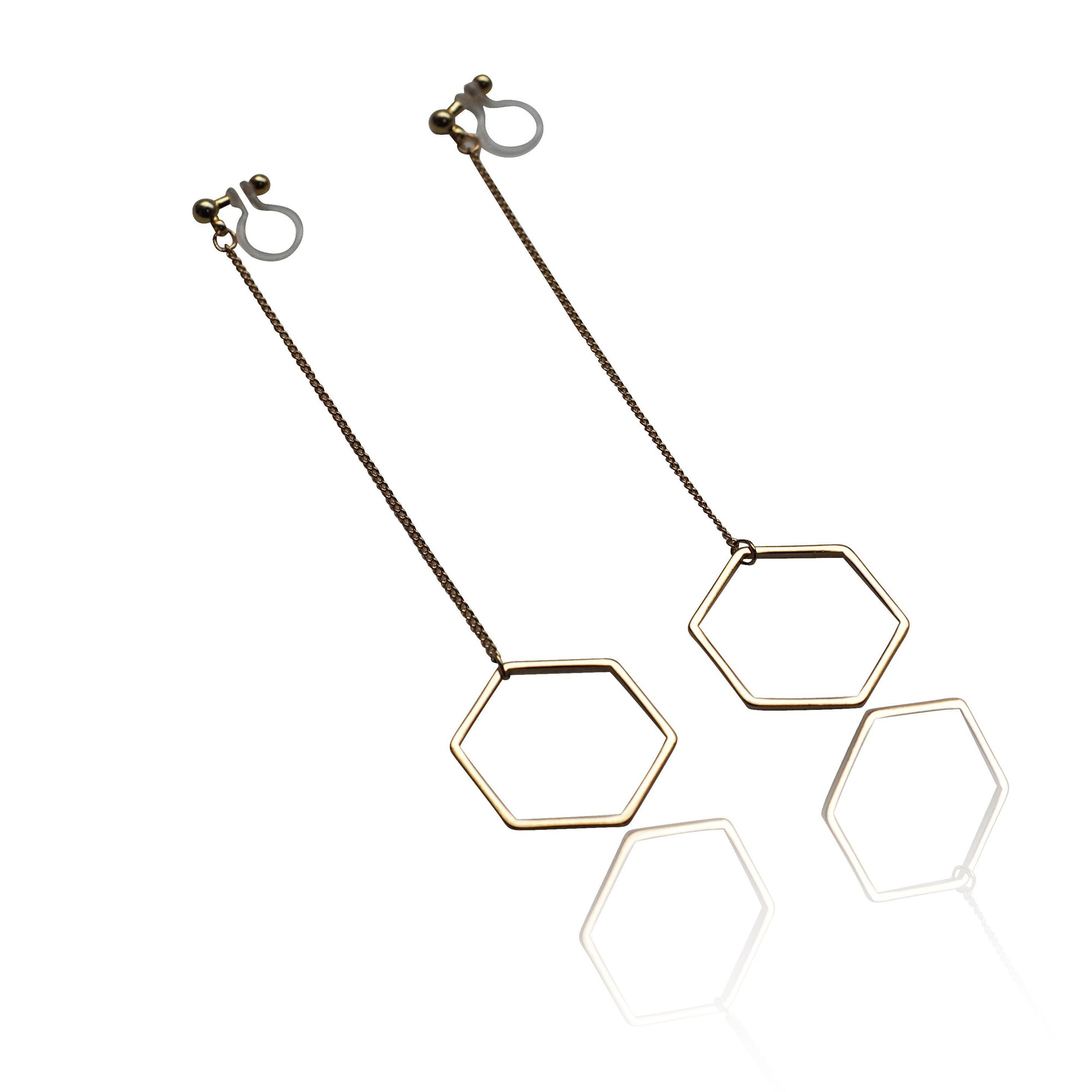 Dangle long gold hexagon invisible clip on earrings - miyabigracejewelry.com