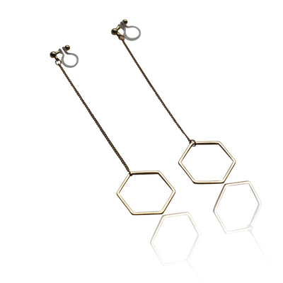Dangle long gold hexagon invisible clip on earrings - miyabigracejewelry.com