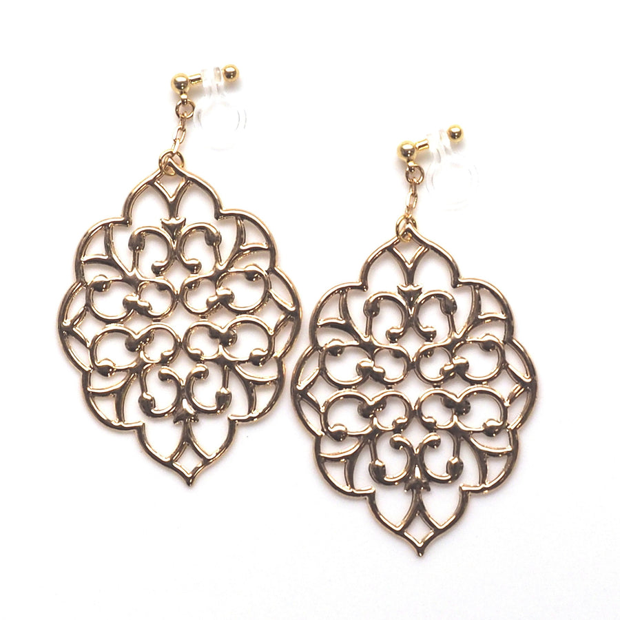 dangle large gold leaf filigree invisible clip on earrings - miyabigracejewelry.com