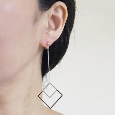 Long silver and black square metal invisible clip on earrings - miyabigracejewelry.com