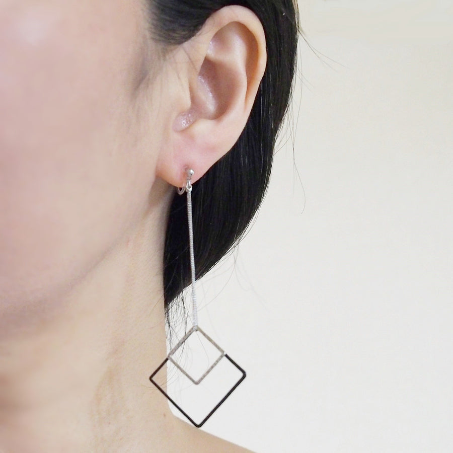 Long silver and black square metal invisible clip on earrings - miyabigracejewelry.com