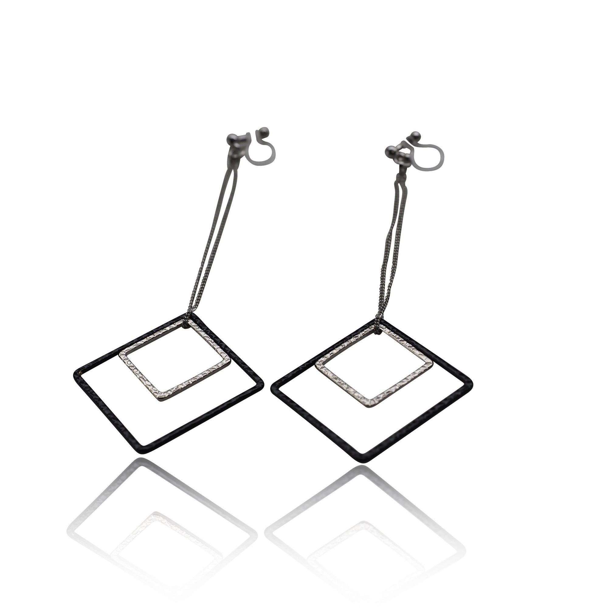 Long silver and black square metal invisible clip on earrings - miyabigracejewelry.com