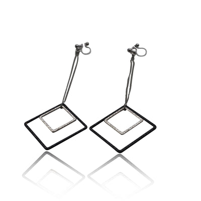 Long silver and black square metal invisible clip on earrings - miyabigracejewelry.com
