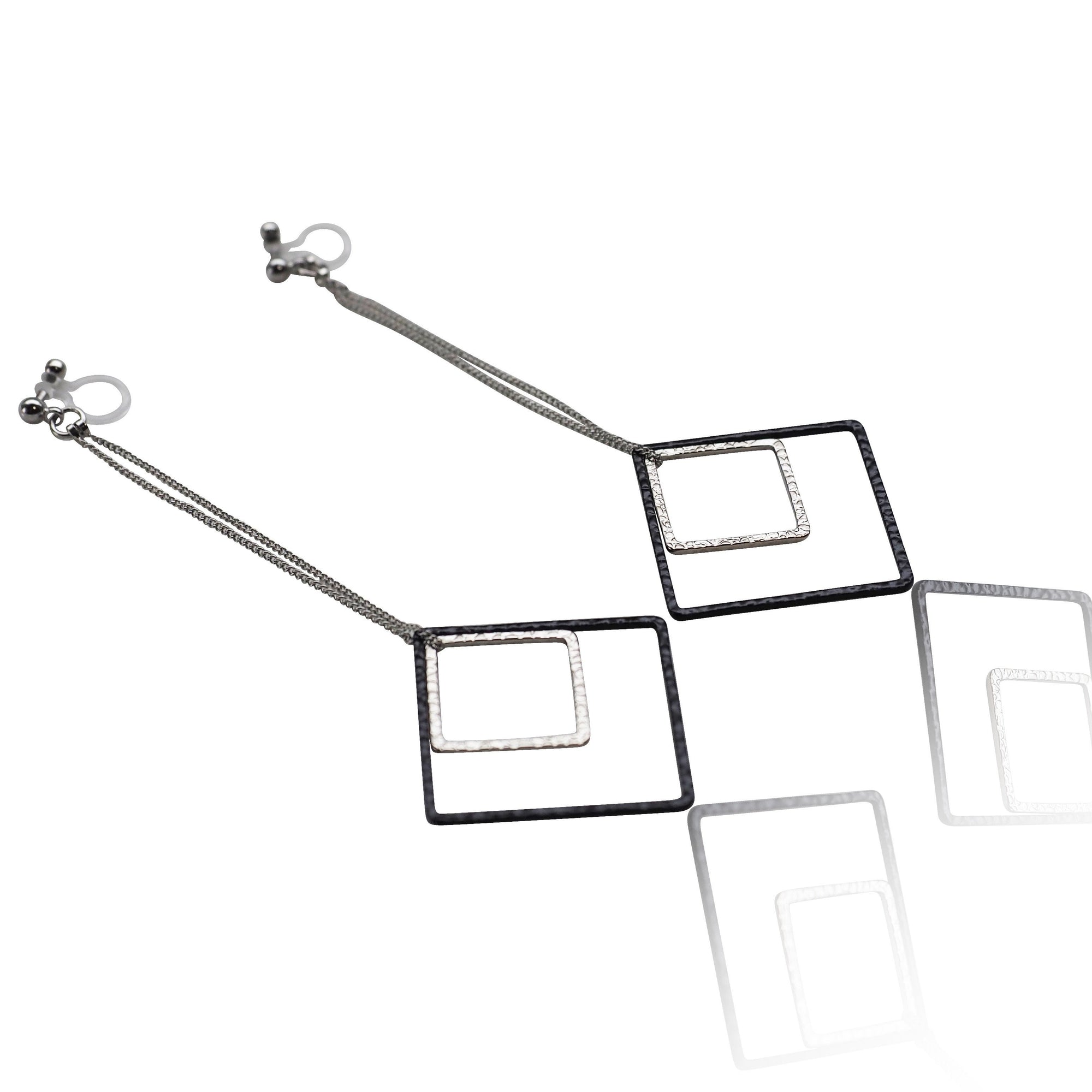 Long silver and black square metal invisible clip on earrings - miyabigracejewelry.com