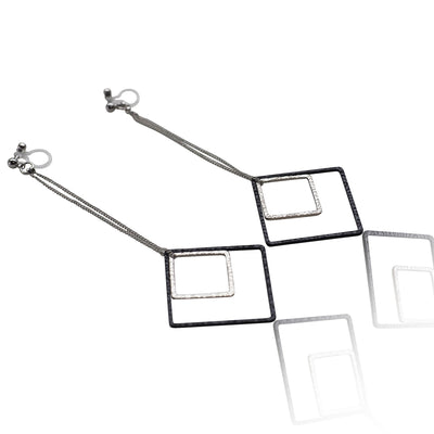 Long silver and black square metal invisible clip on earrings - miyabigracejewelry.com