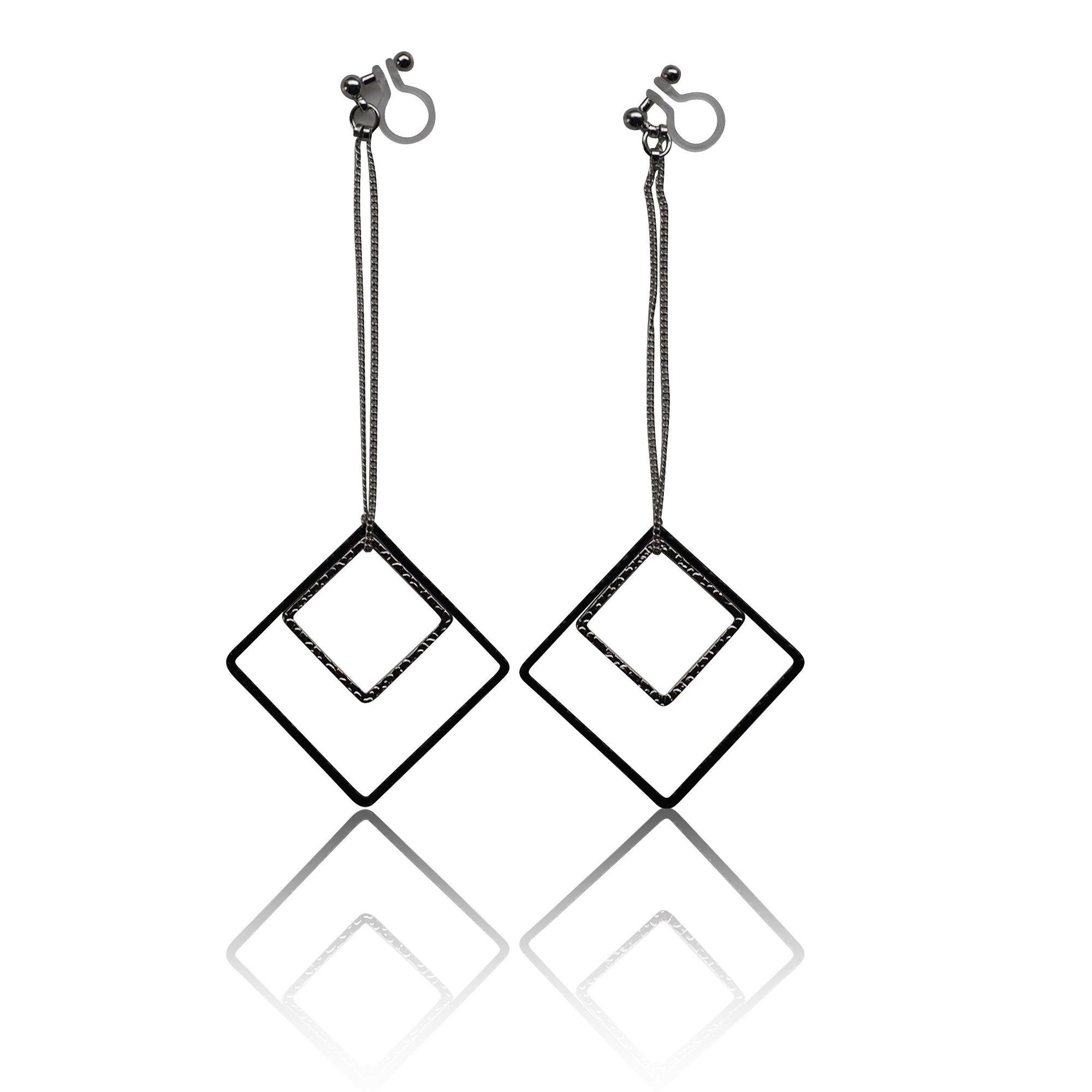Long silver and black square metal invisible clip on earrings - miyabigracejewelry.com