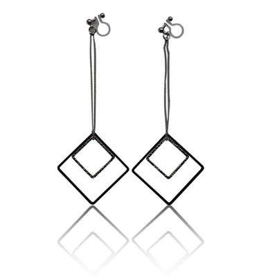 Long silver and black square metal invisible clip on earrings - miyabigracejewelry.com