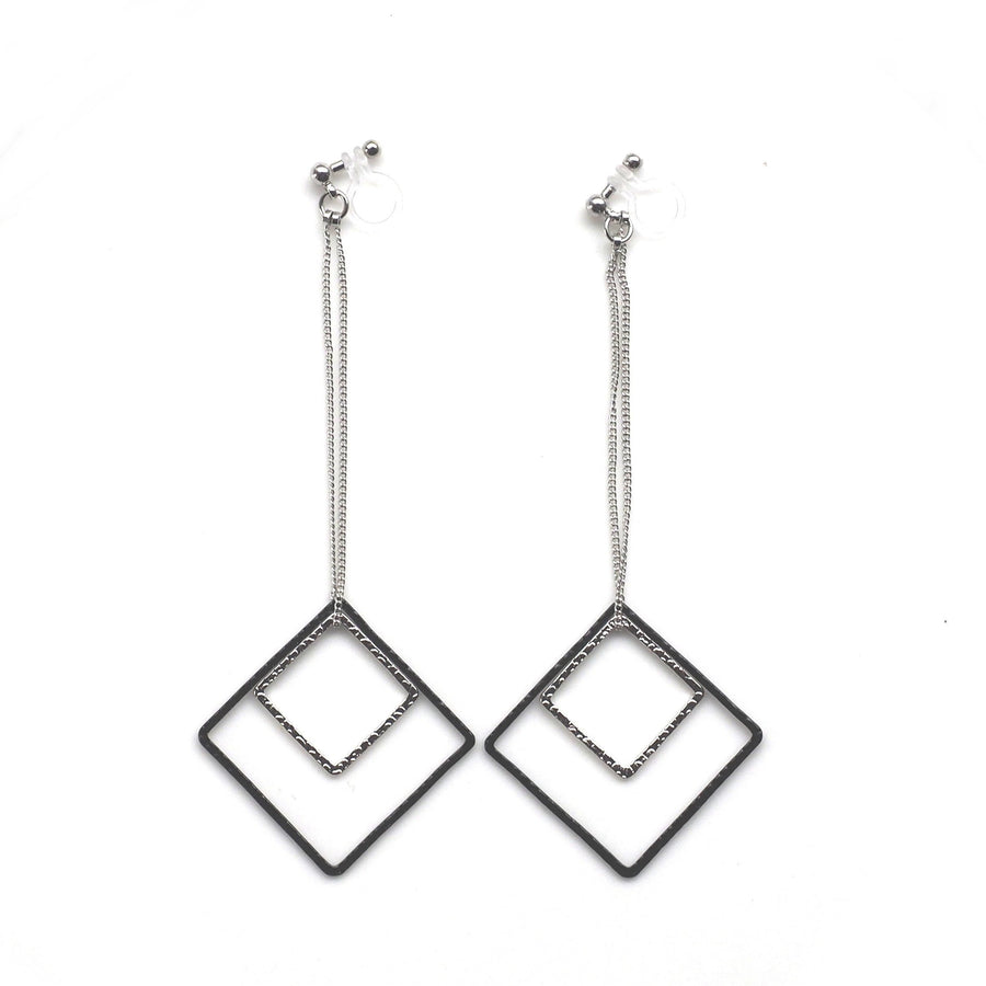 Long silver and black square metal invisible clip on earrings - miyabigracejewelry.com