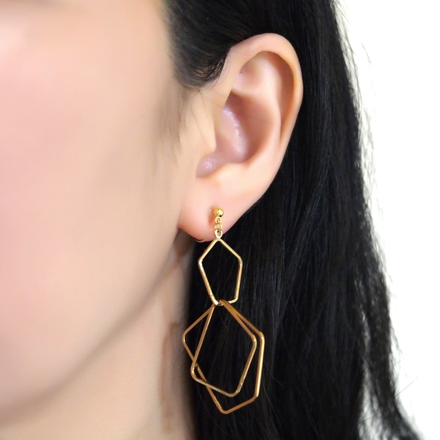 Dangle gold pentagon hoop invisible clip on earrings - miyabigracejewelry.com