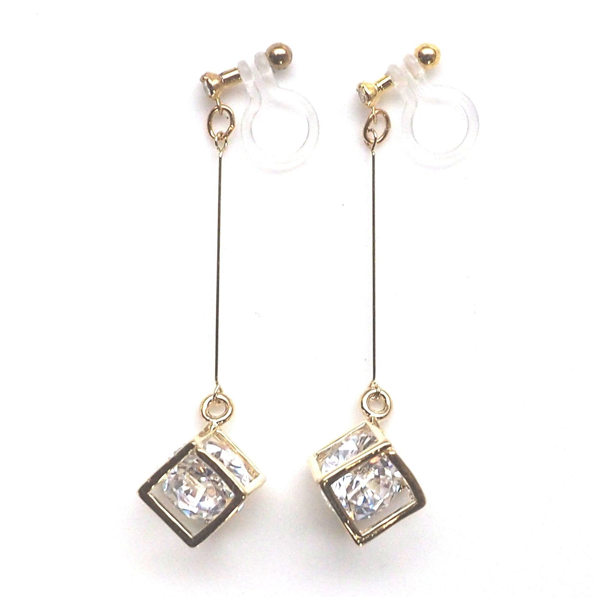 Cubic zirconia crystal in gold cube invisible clip on earrings - miyabigracejewelry.com