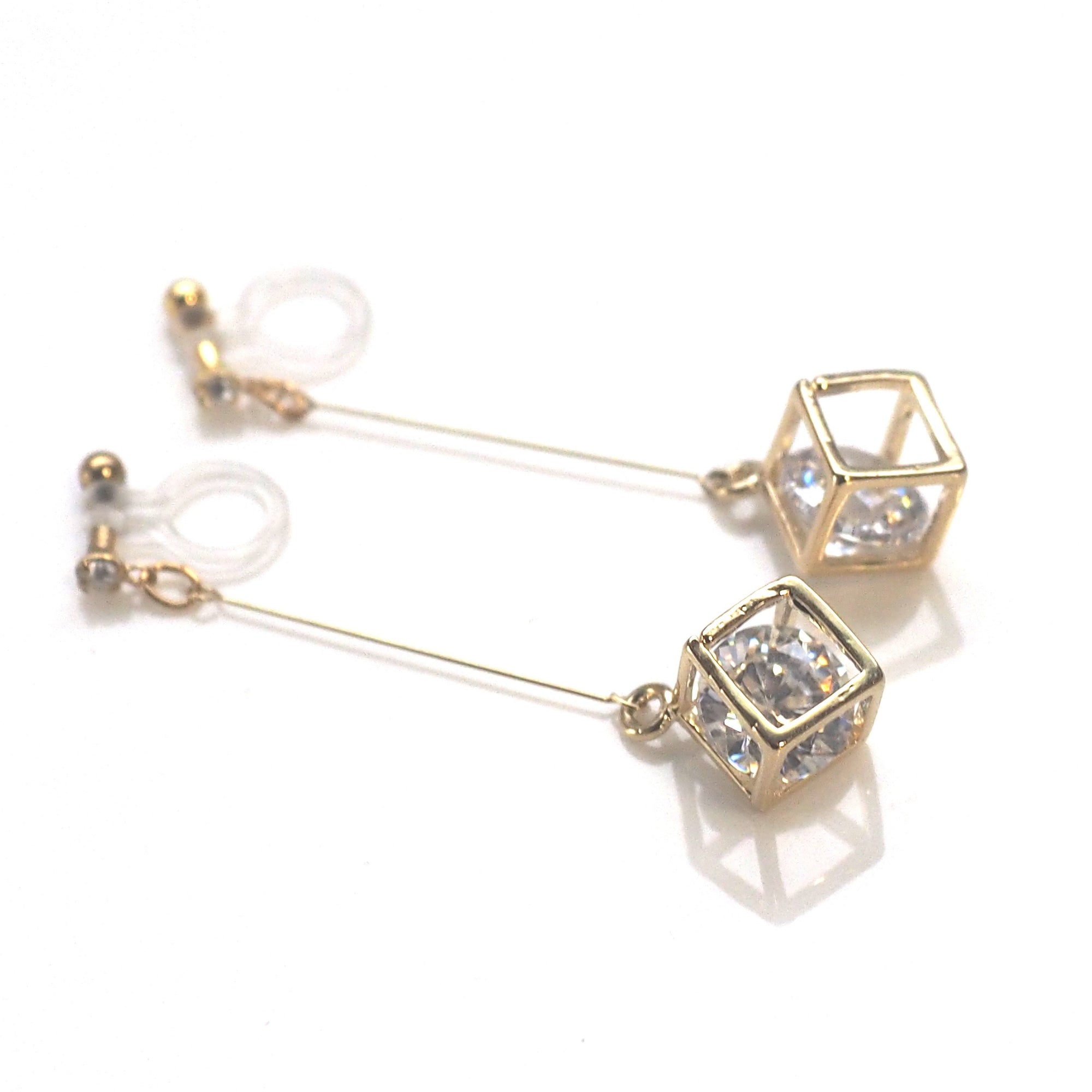 Cubic zirconia crystal in gold cube invisible clip on earrings - miyabigracejewelry.com