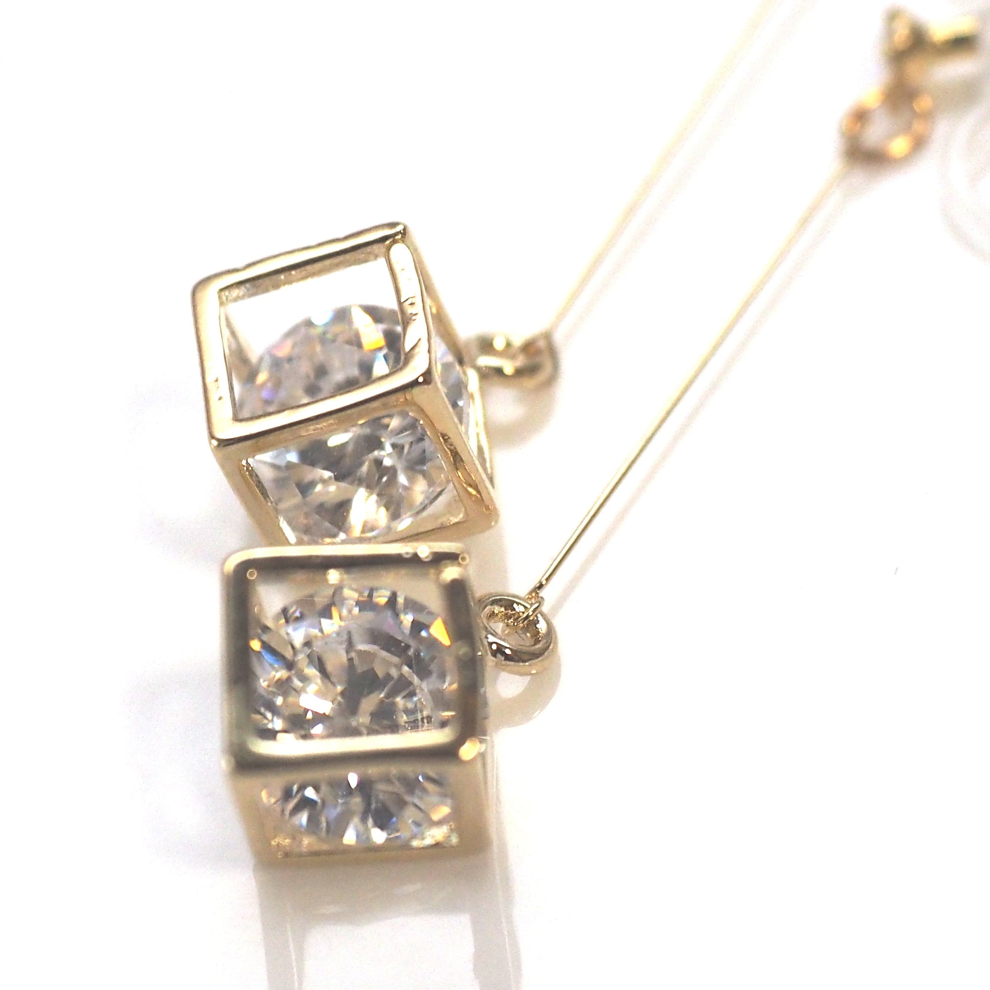 Cubic zirconia crystal in gold cube invisible clip on earrings - miyabigracejewelry.com