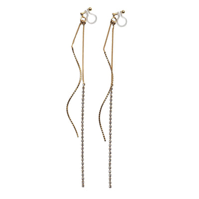 Long Rhinestone and Twisted Bar Threader Invisible Clip On Earrings - miyabigracejewelry.com