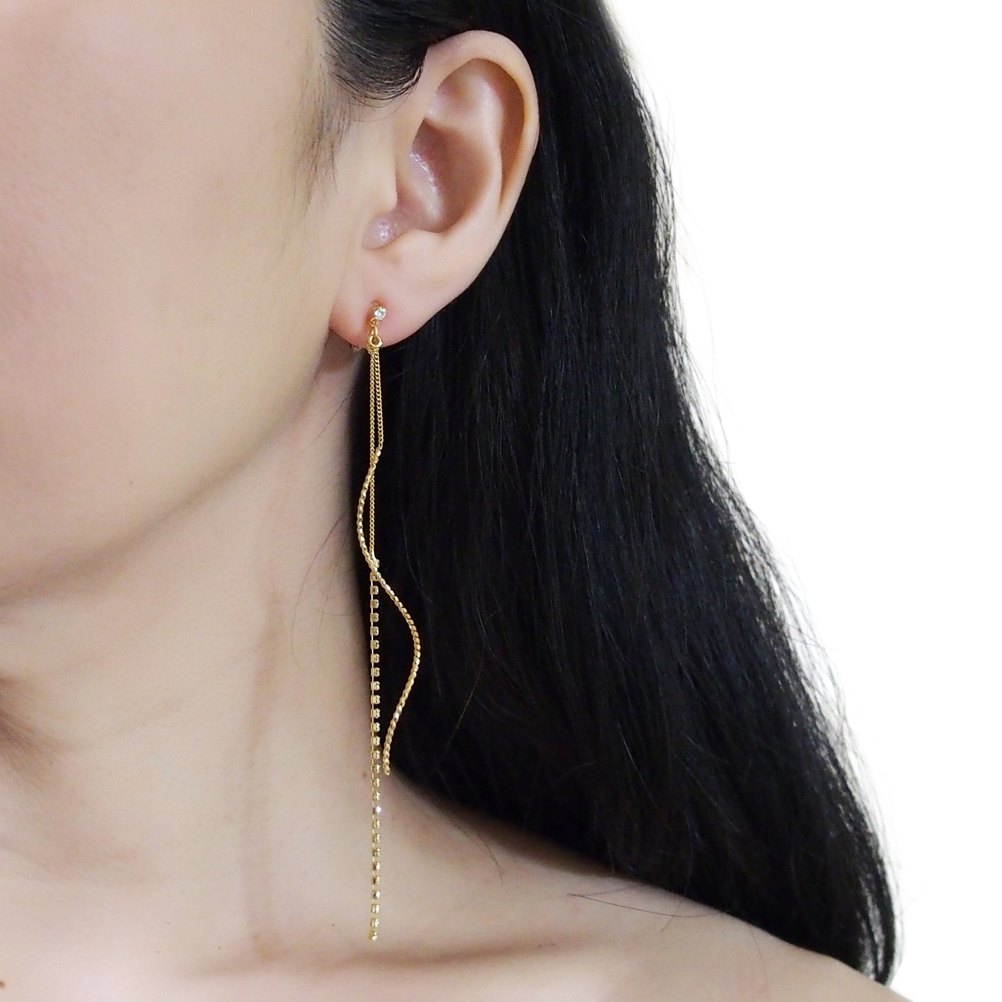 Long Rhinestone and Twisted Bar Threader Invisible Clip On Earrings - miyabigracejewelry.com