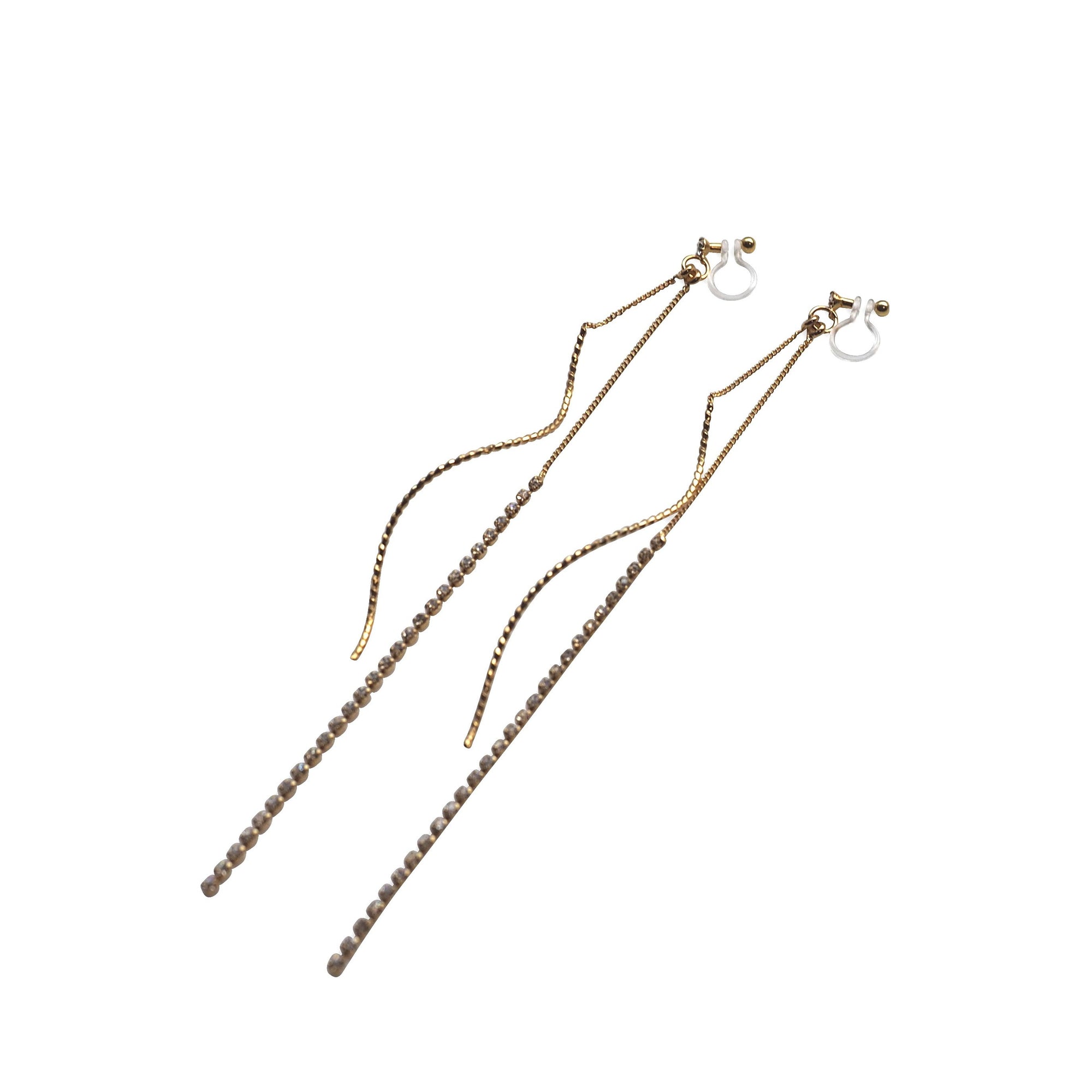 Long Rhinestone and Twisted Bar Threader Invisible Clip On Earrings - miyabigracejewelry.com
