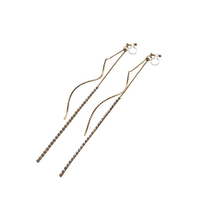 Long Rhinestone and Twisted Bar Threader Invisible Clip On Earrings - miyabigracejewelry.com