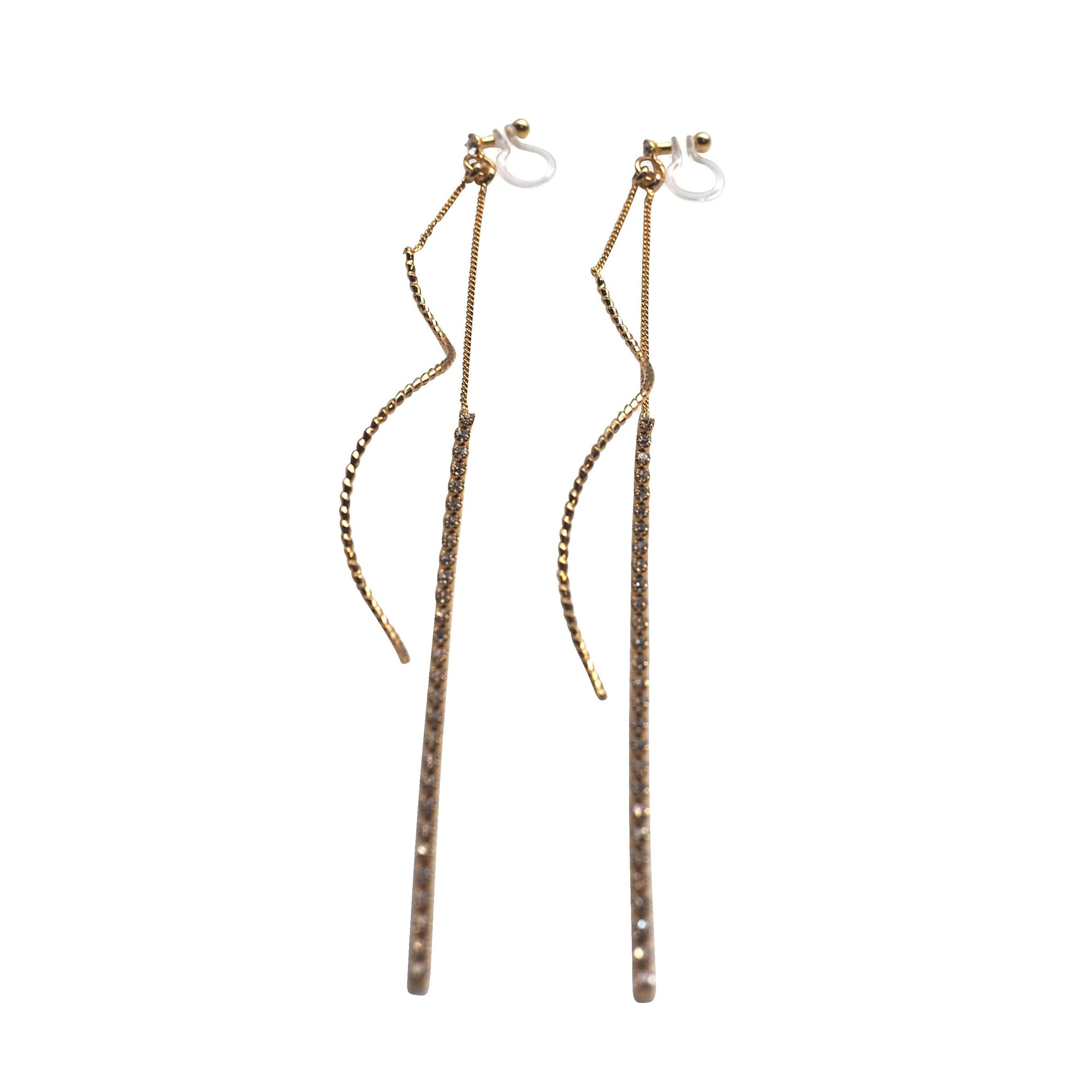 Long Rhinestone and Twisted Bar Threader Invisible Clip On Earrings - miyabigracejewelry.com