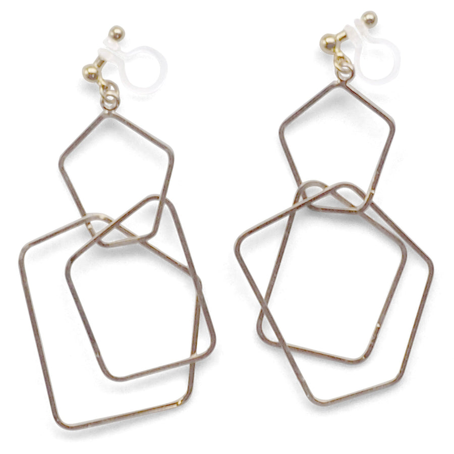 Dangle gold pentagon hoop invisible clip on earrings - miyabigracejewelry.com