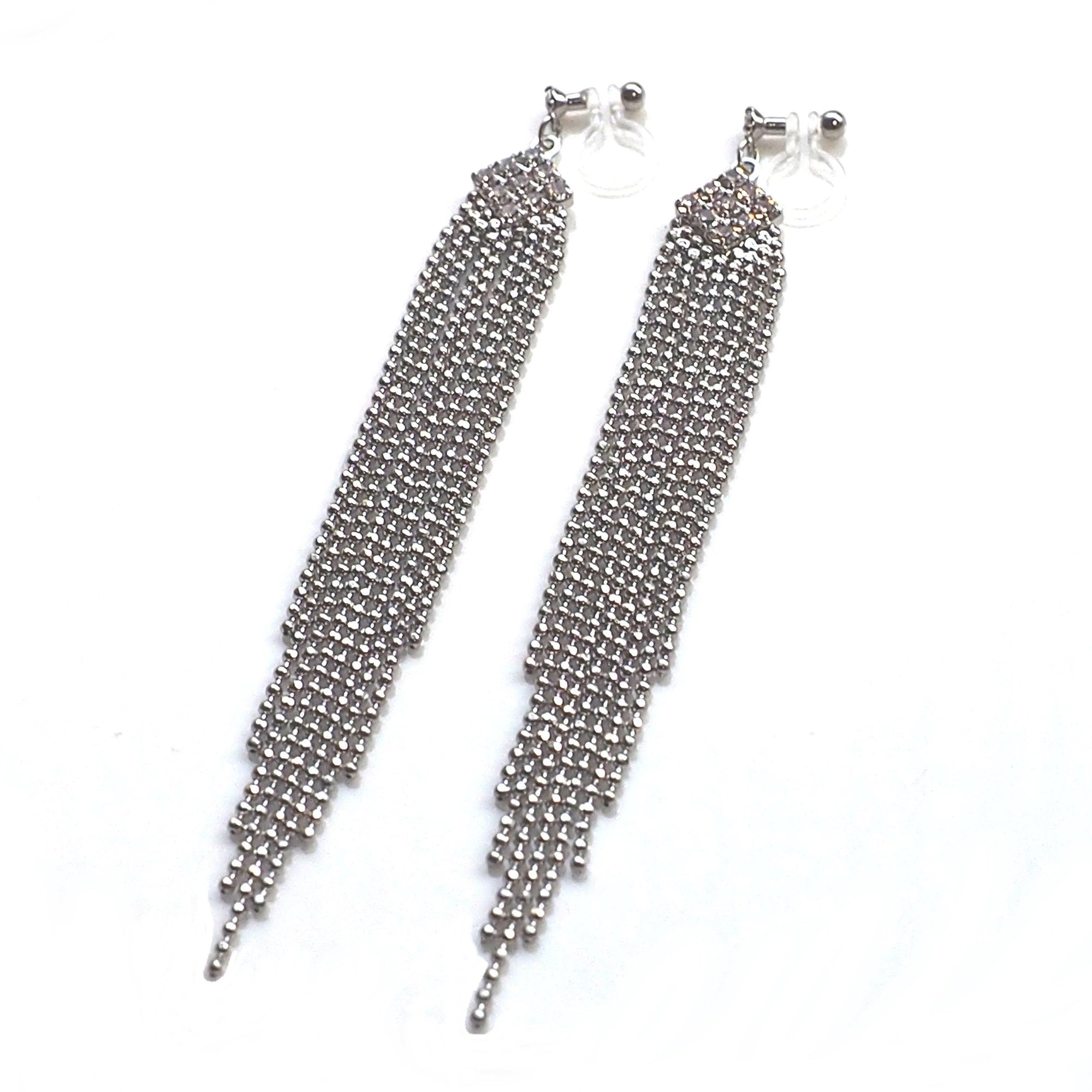 Rhinestone and silver ball chain invisible clip on earrings - miyabigracejewelry.com