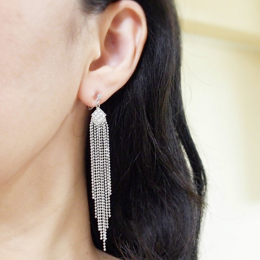 Rhinestone and silver ball chain invisible clip on earrings - miyabigracejewelry.com