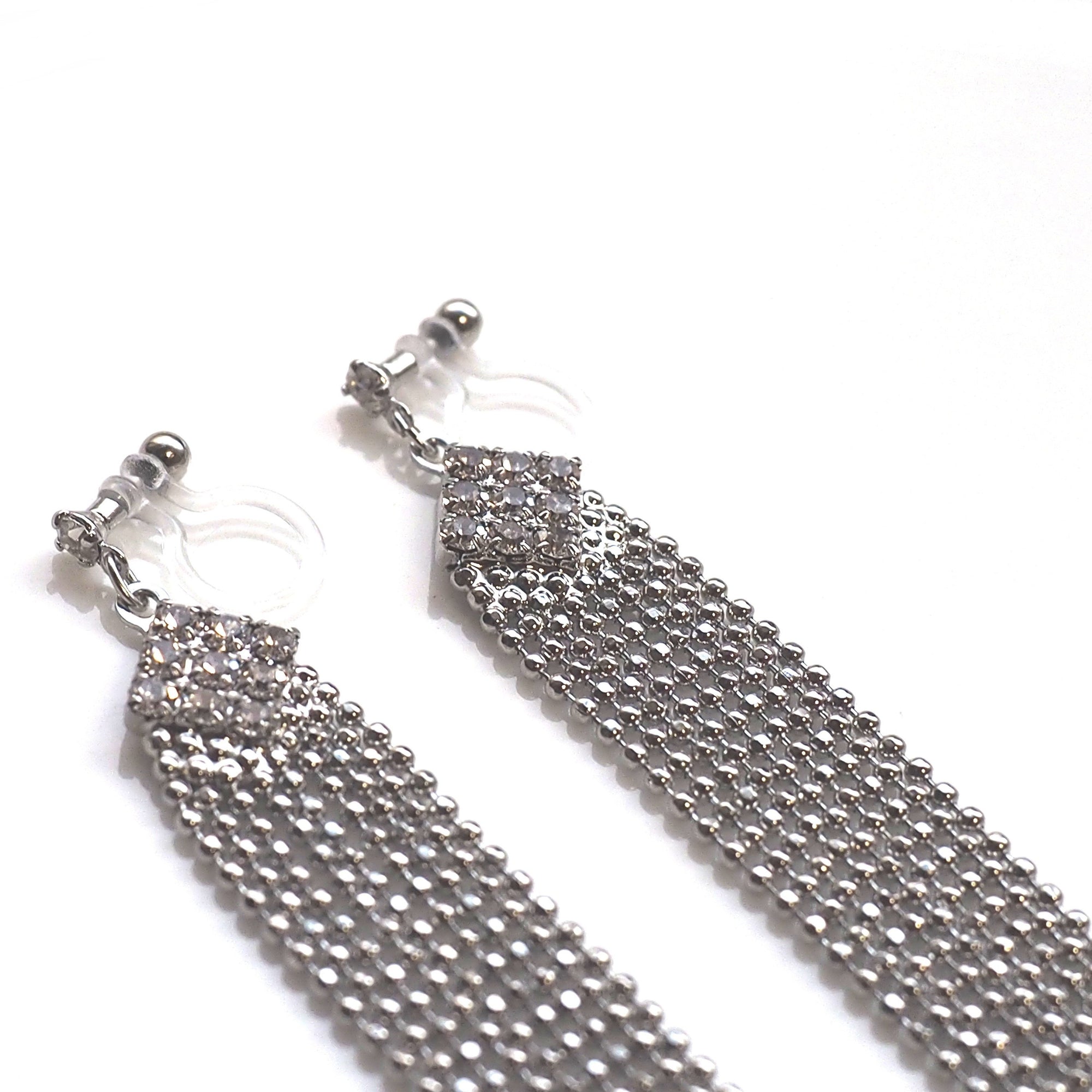 Rhinestone and silver ball chain invisible clip on earrings - miyabigracejewelry.com