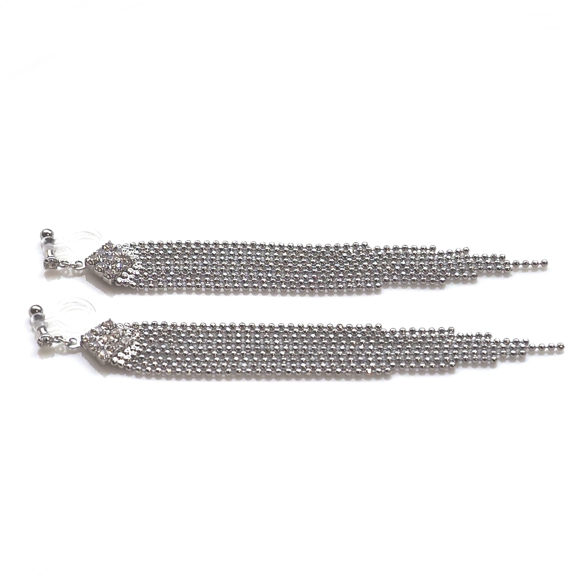Rhinestone and silver ball chain invisible clip on earrings - miyabigracejewelry.com