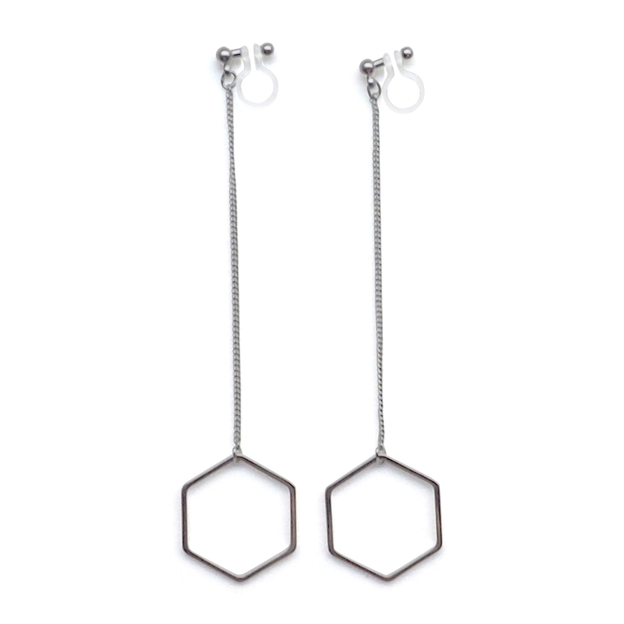 Dangle long silver hexagon invisible clip on earrings - miyabigracejewelry.com