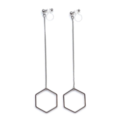 Dangle long silver hexagon invisible clip on earrings - miyabigracejewelry.com