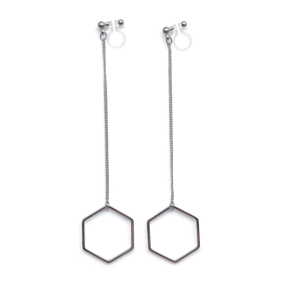 Dangle long silver hexagon invisible clip on earrings - miyabigracejewelry.com