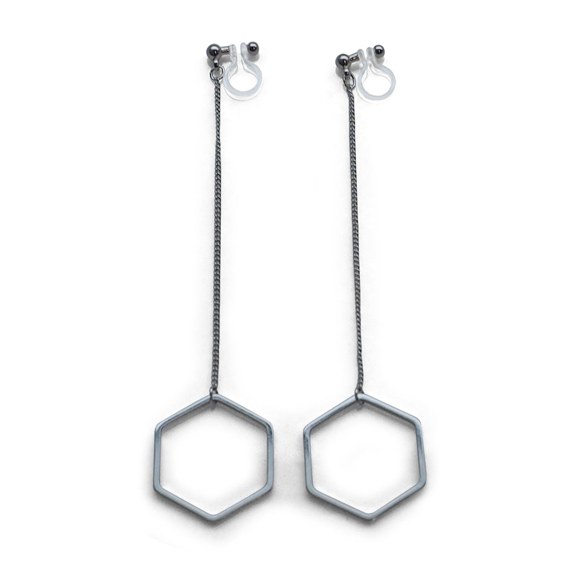 Dangle long silver hexagon invisible clip on earrings - miyabigracejewelry.com