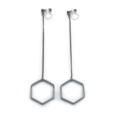 Dangle long silver hexagon invisible clip on earrings - miyabigracejewelry.com