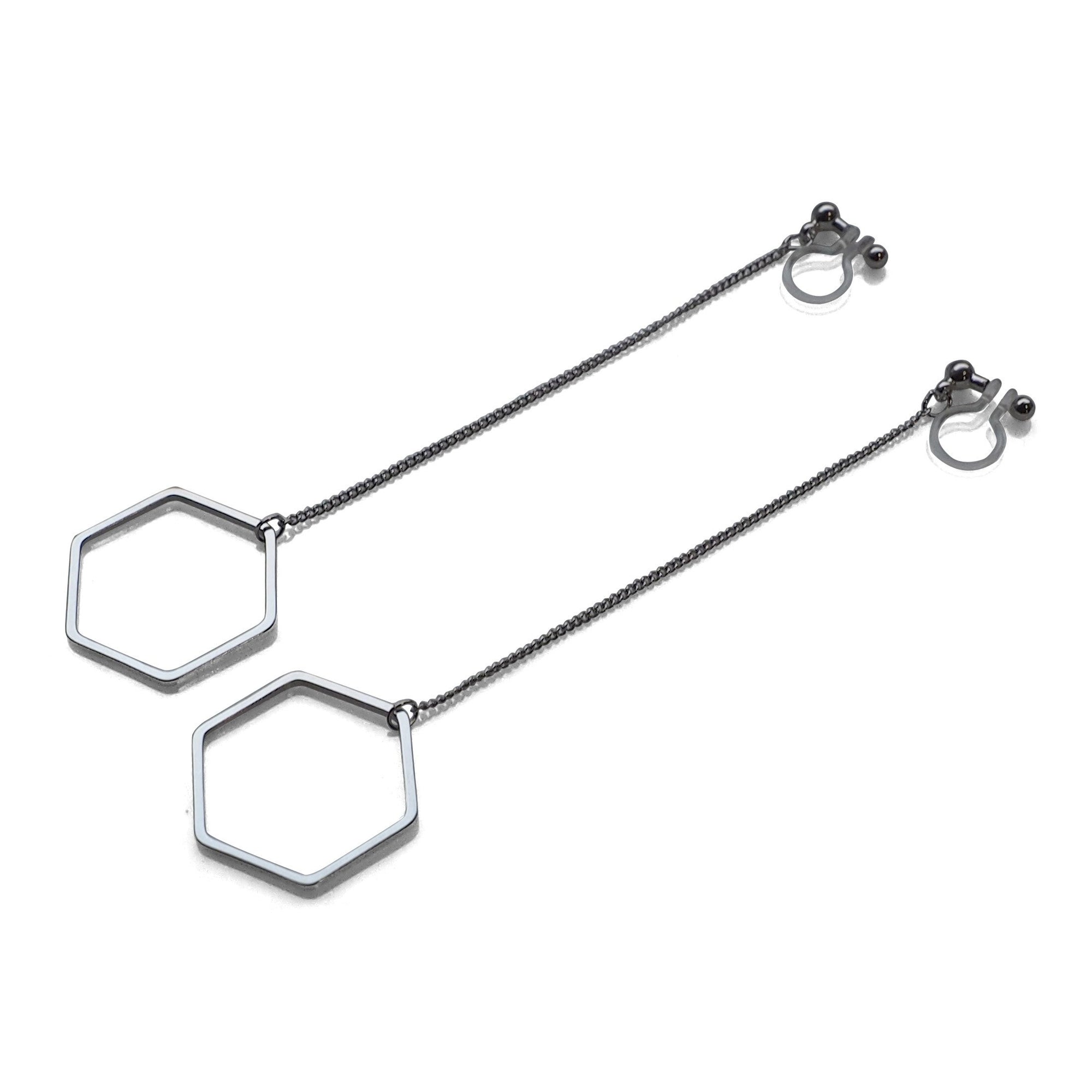Dangle long silver hexagon invisible clip on earrings - miyabigracejewelry.com