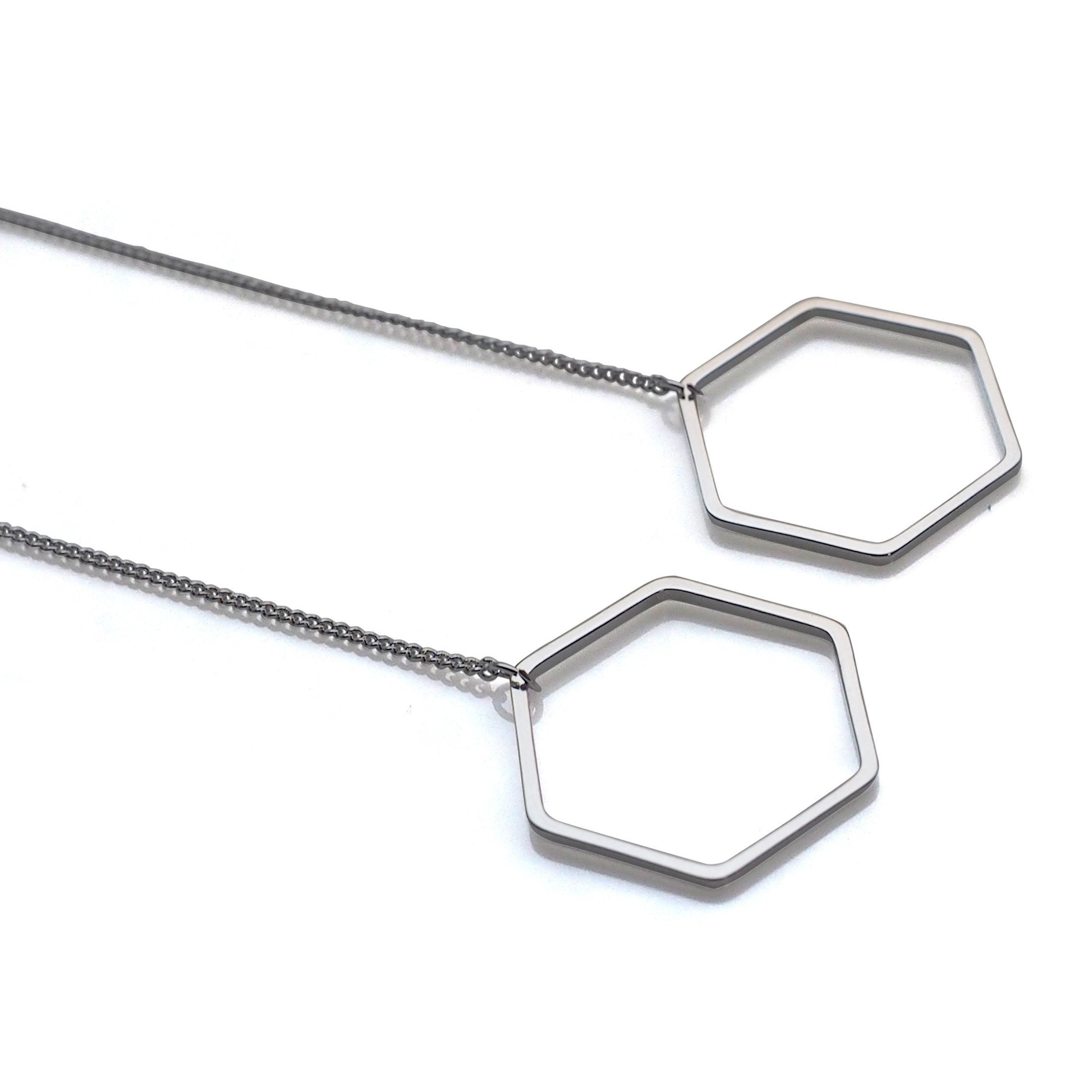 Dangle long silver hexagon invisible clip on earrings - miyabigracejewelry.com