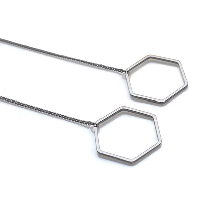 Dangle long silver hexagon invisible clip on earrings - miyabigracejewelry.com
