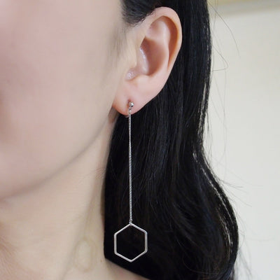 Dangle long silver hexagon invisible clip on earrings - miyabigracejewelry.com