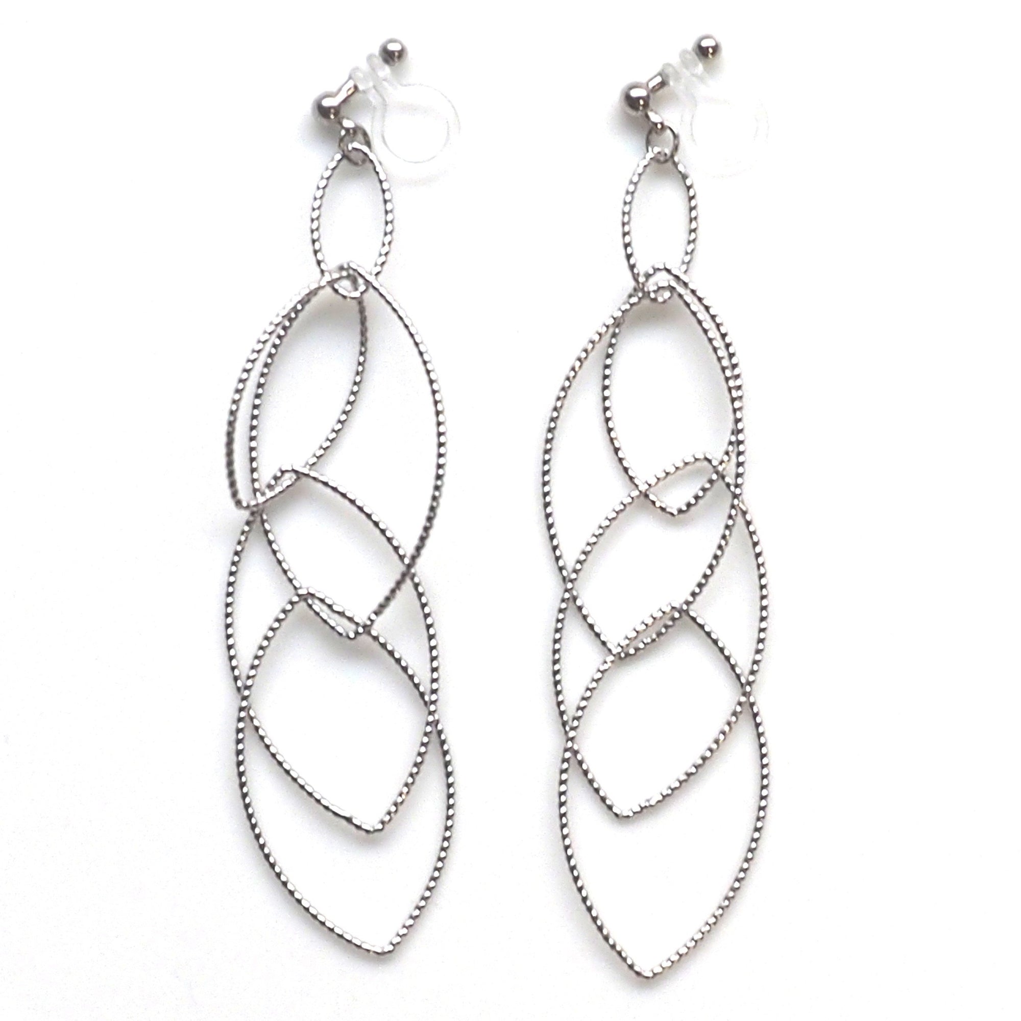 Dangle silver marquise hoop invisible clip on earrings - miyabigracejewelry.com