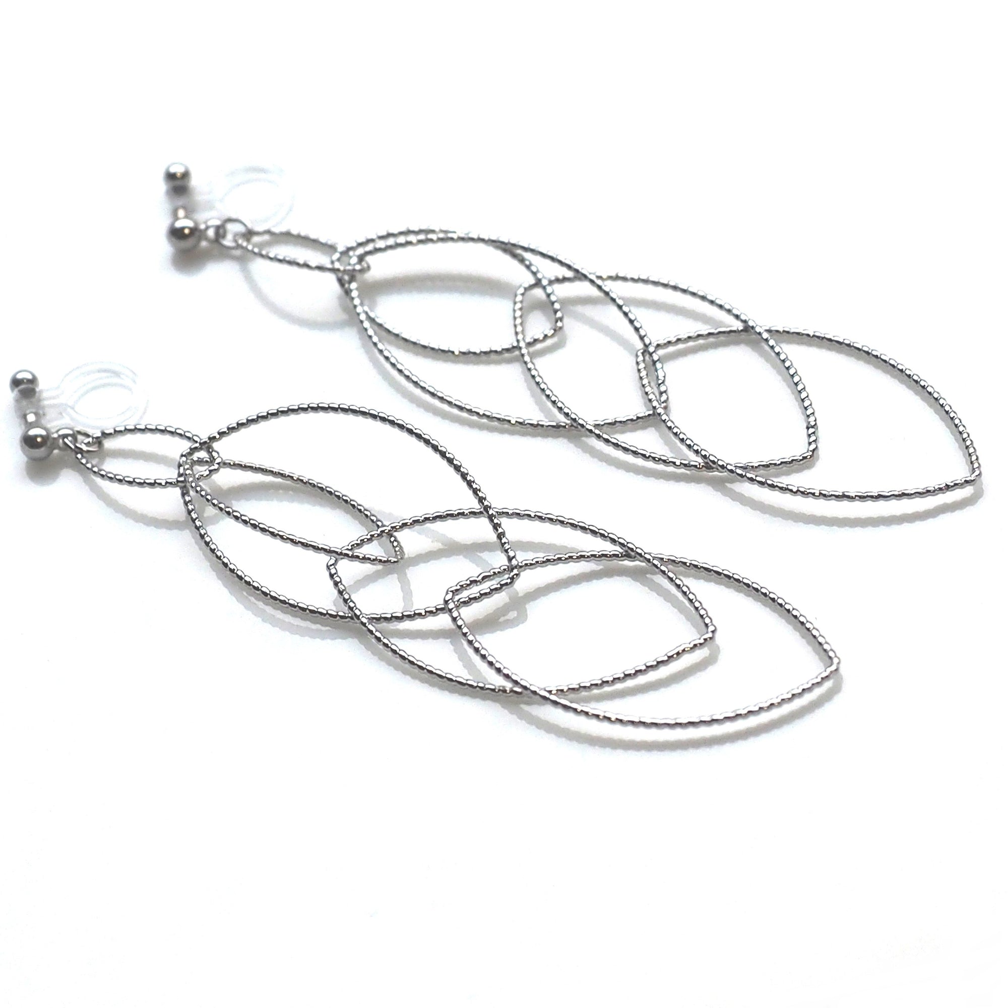 Dangle silver marquise hoop invisible clip on earrings - miyabigracejewelry.com