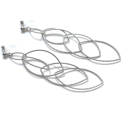 Dangle silver marquise hoop invisible clip on earrings - miyabigracejewelry.com