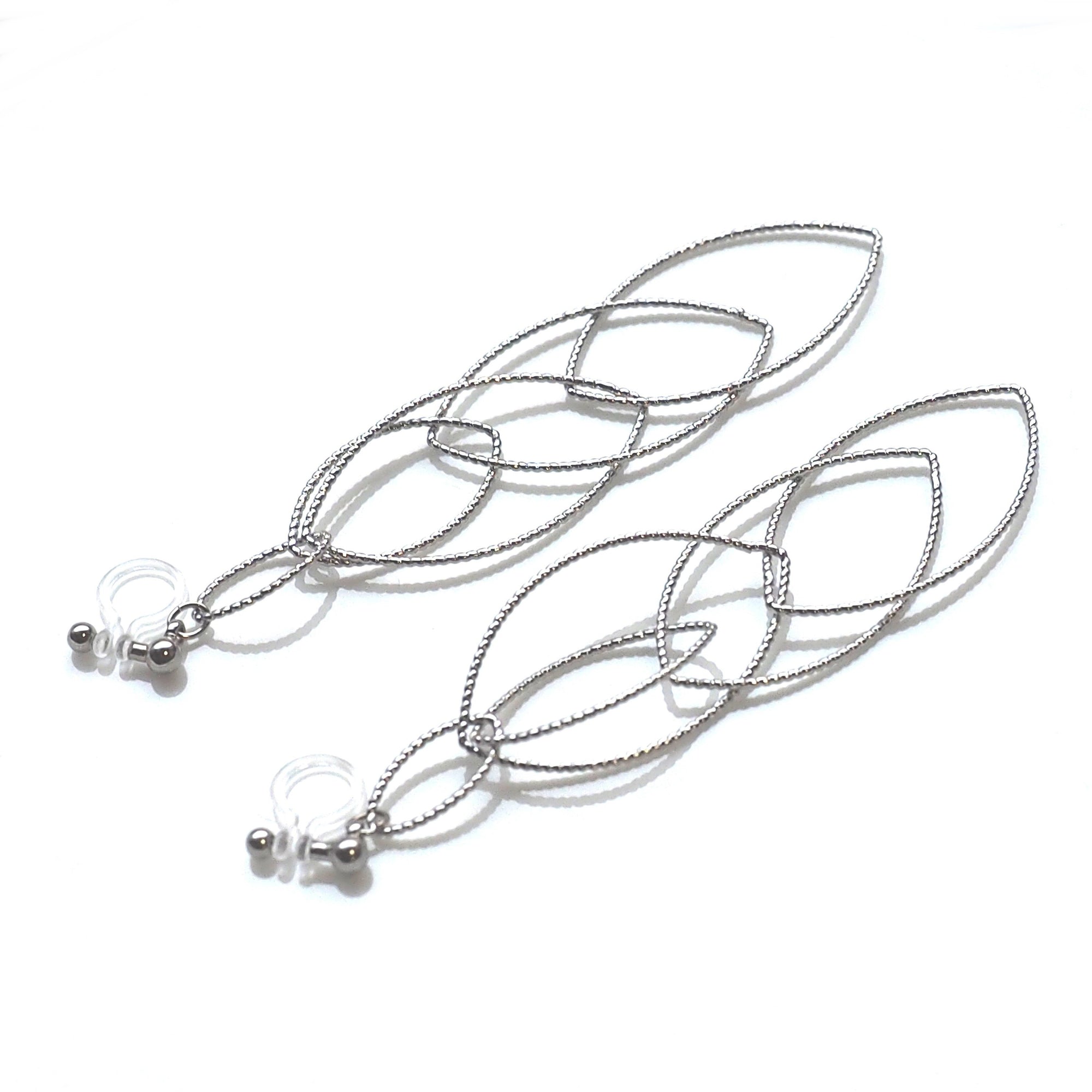 Dangle silver marquise hoop invisible clip on earrings - miyabigracejewelry.com