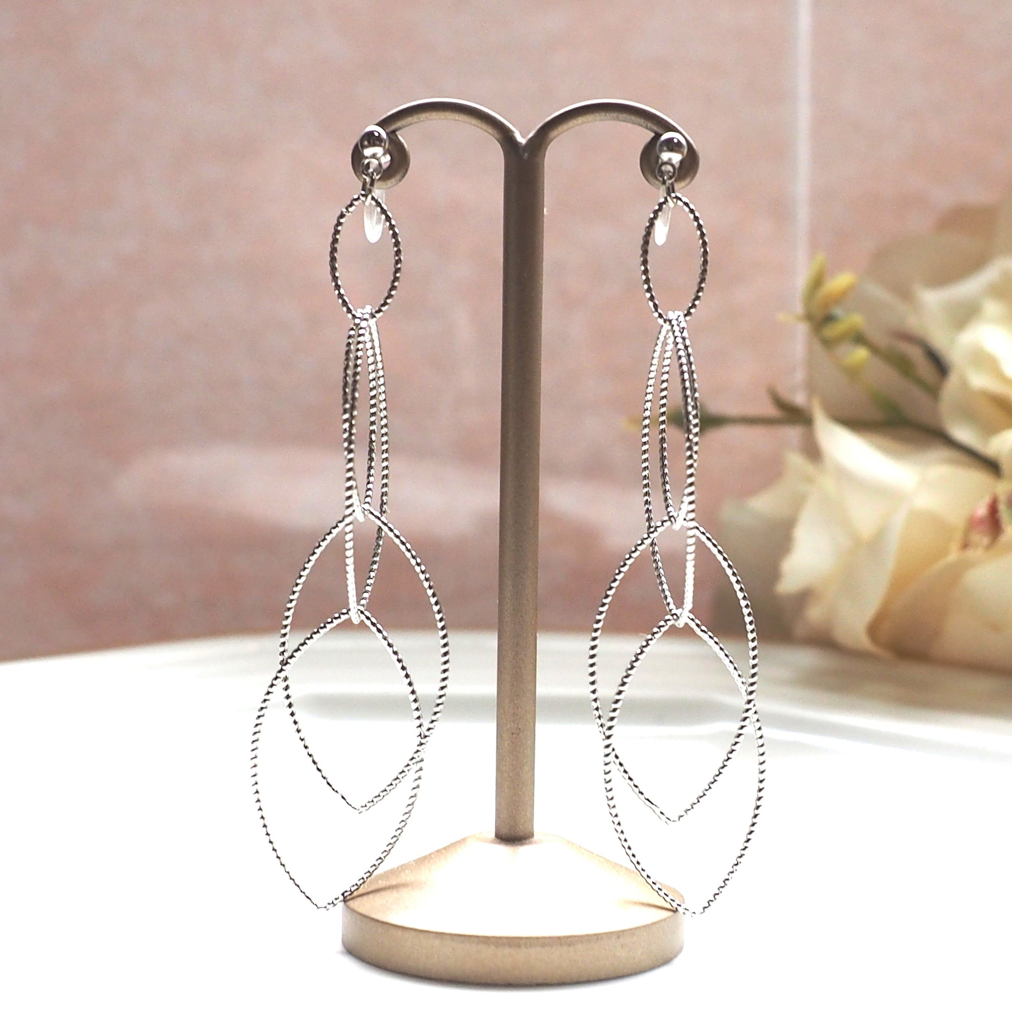 Dangle silver marquise hoop invisible clip on earrings - miyabigracejewelry.com
