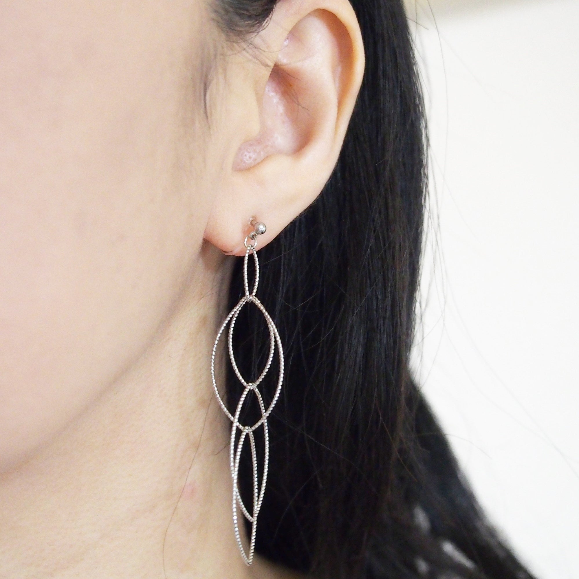 Dangle silver marquise hoop invisible clip on earrings - miyabigracejewelry.com
