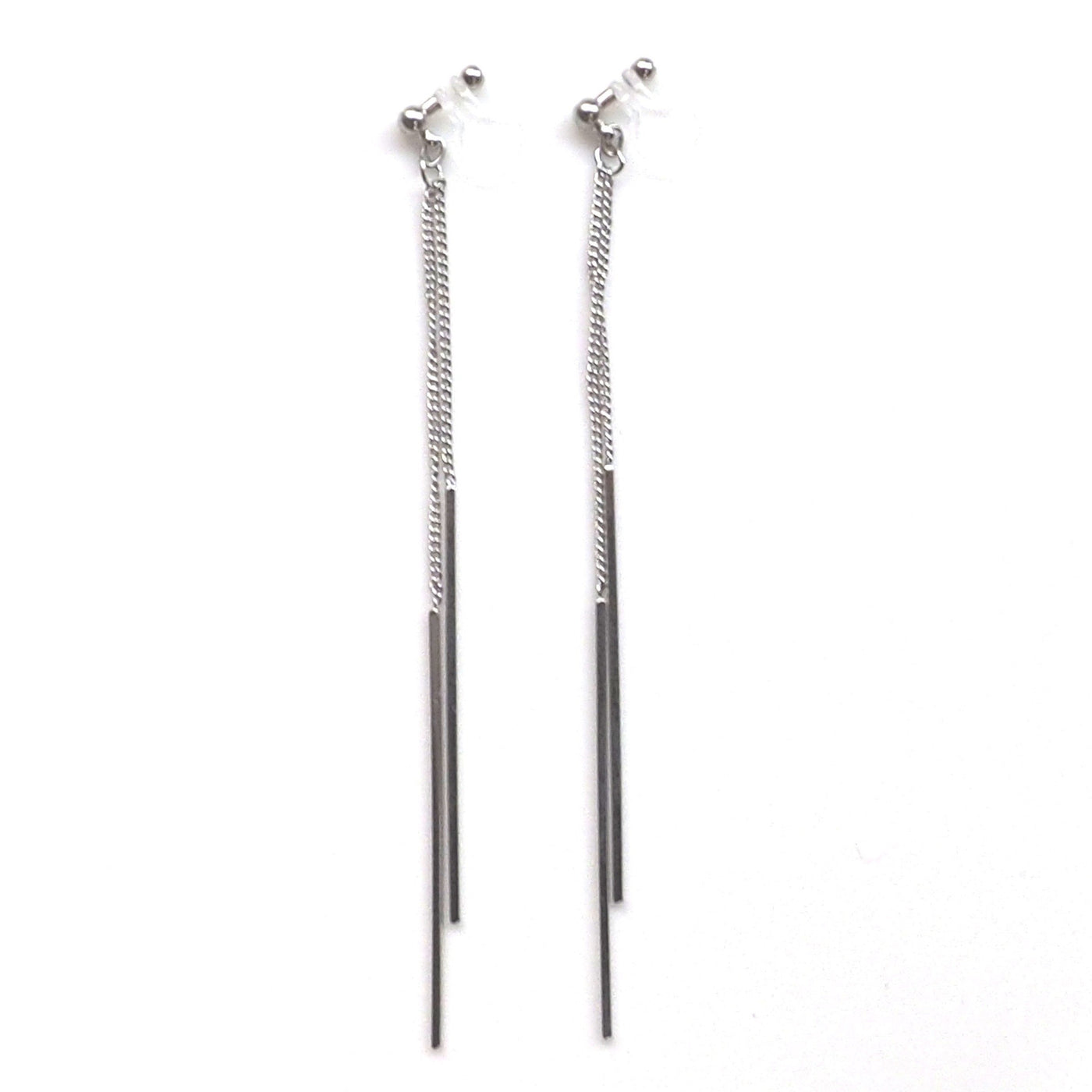 Long silver bar invisible clip on earrings