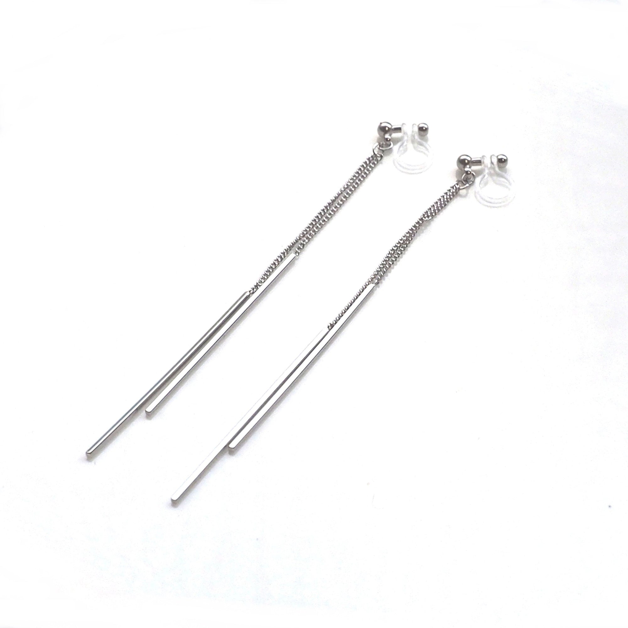 Long silver bar invisible clip on earrings - Miyabi Grace