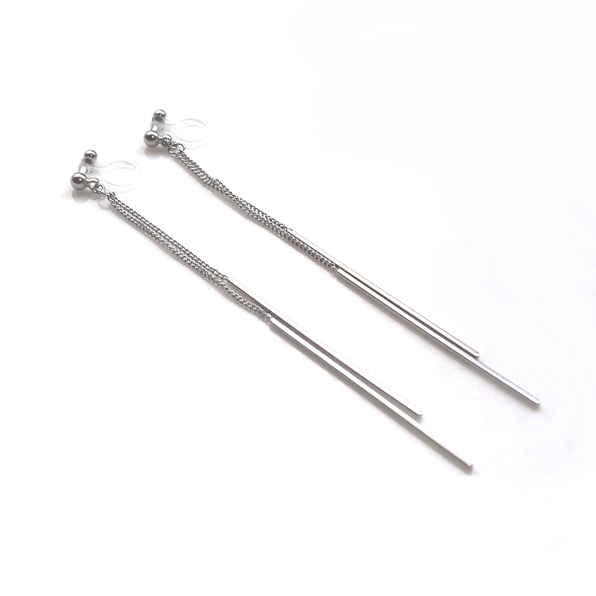 Long silver bar invisible clip on earrings - Miyabi Grace