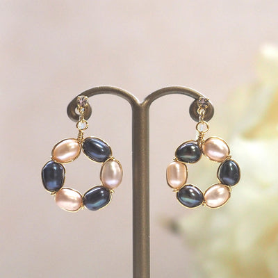 Navy blue and pink freshwater pearl invisible clip on earrings - miyabigracejewelry.com