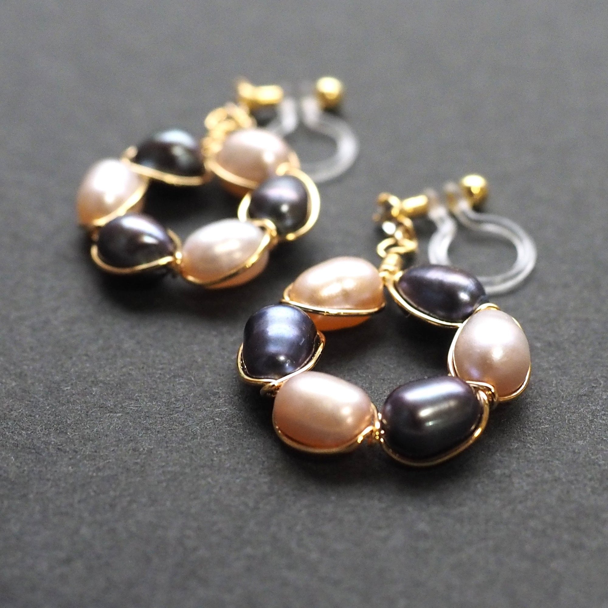 Navy blue and pink freshwater pearl invisible clip on earrings - miyabigracejewelry.com