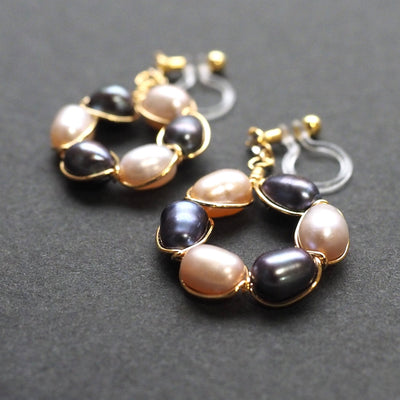Navy blue and pink freshwater pearl invisible clip on earrings - miyabigracejewelry.com
