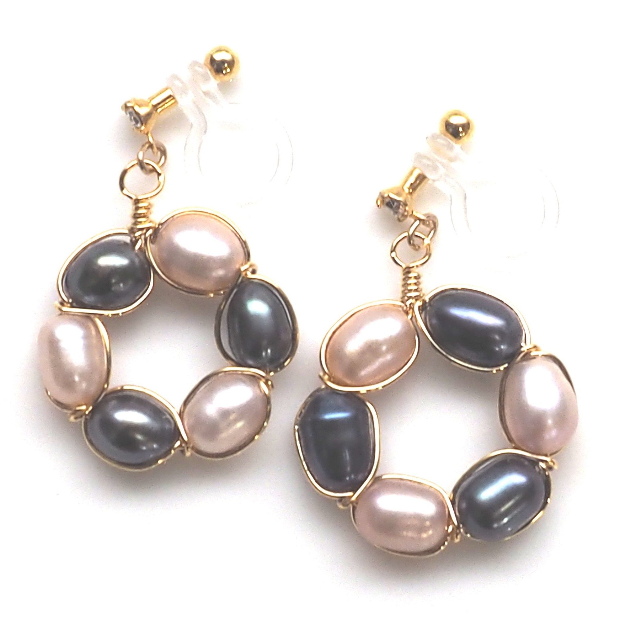 Navy blue and pink freshwater pearl invisible clip on earrings - miyabigracejewelry.com