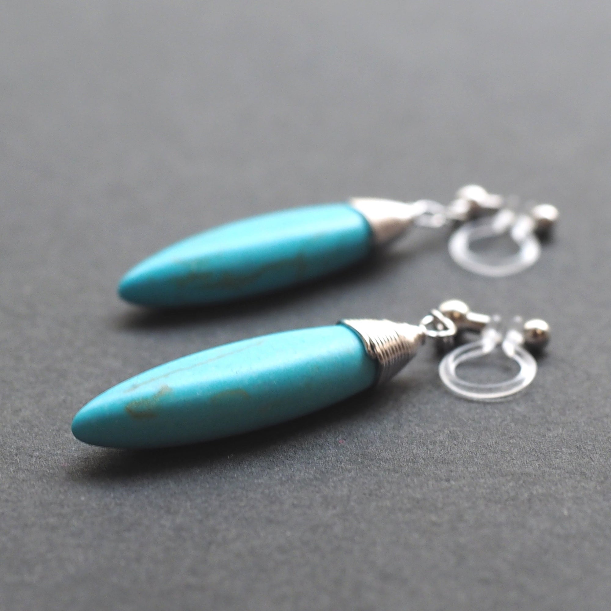 Blue turquoise bar invisible clip on earrings - miyabigracejewelry.com