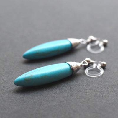 Blue turquoise bar invisible clip on earrings - miyabigracejewelry.com